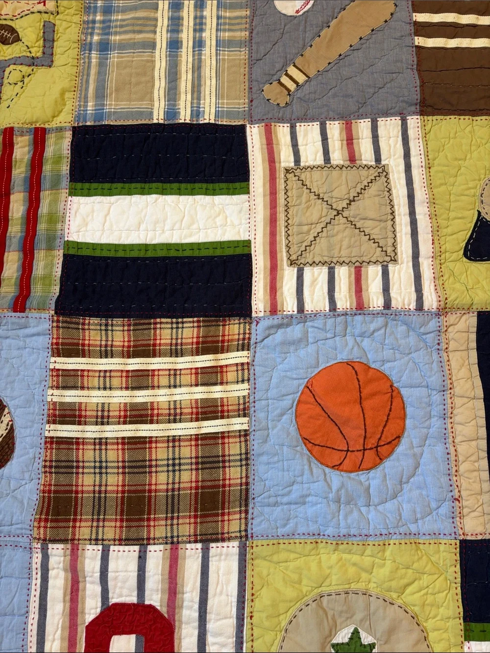 Pottery Barn Teen Sports Patchwork Quilt - Navy, Brown, Green, Red, Blue, Tan